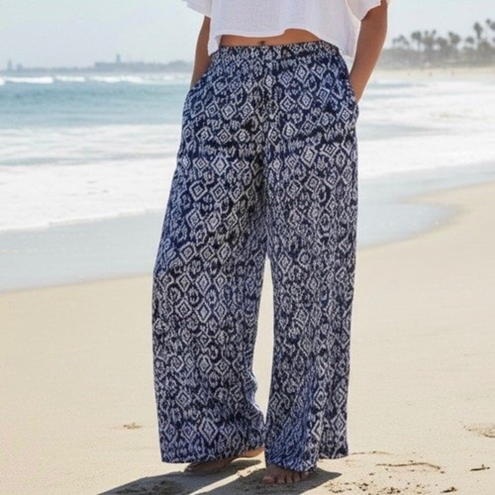 Solitaire Womens L‎ Blue Ikat Diamond Wide Leg Palazzo Pants Boho Hippie Indie